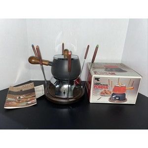 Vintage 1975 Fondue Pot with Original Box KAMENSTEIN Forks, Burner, Wood Base